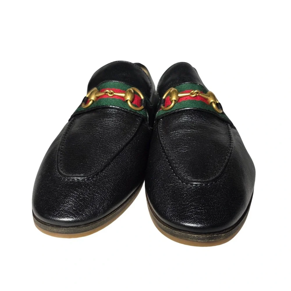 Gucci Jordaan Horsebit Loafers Black Leather Web Stripe 569473 Mens 7.5